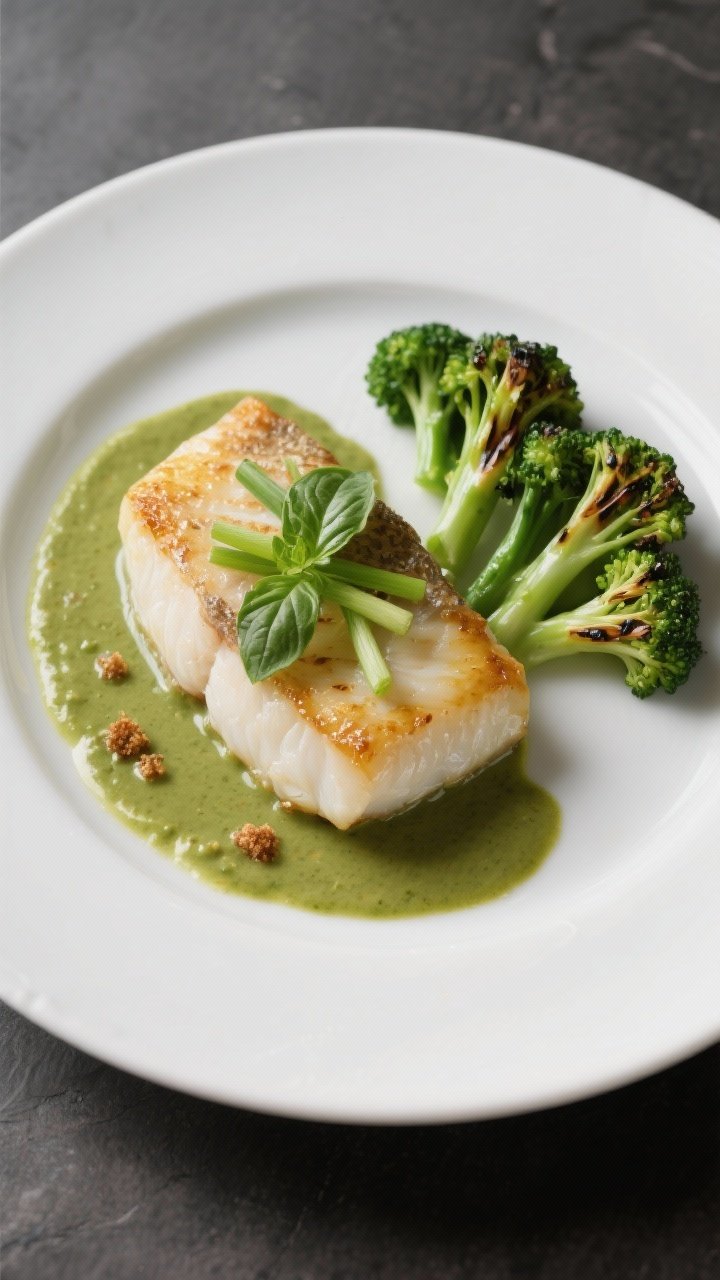 Final dish restaurant presentation: Elegant white oval plate with halibut fillet centered, sauce nap