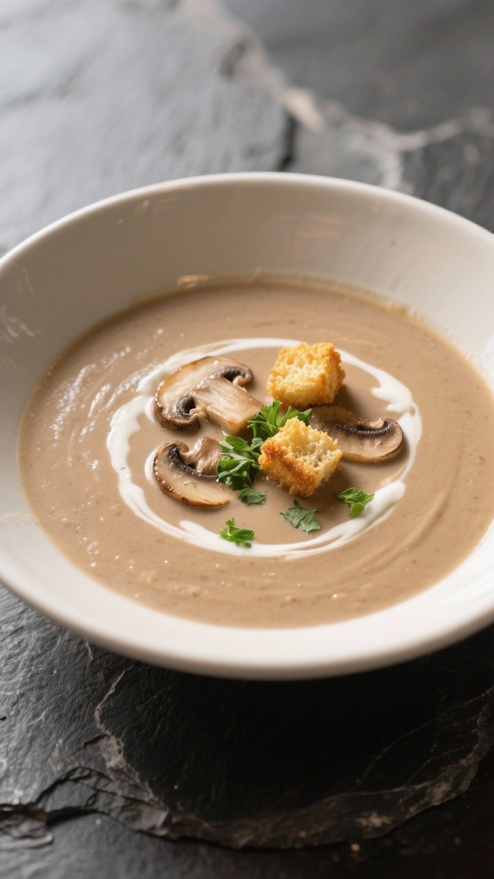 Final dish: Restaurant-quality bowl of exotic cream of mushroom soup, ultra-smooth and glossy with a