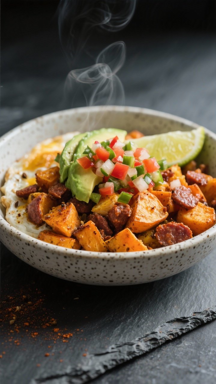 Final dish, restaurant-quality plating: Beautifully plated breakfast bowl of Air Fryer Sweet Potato 