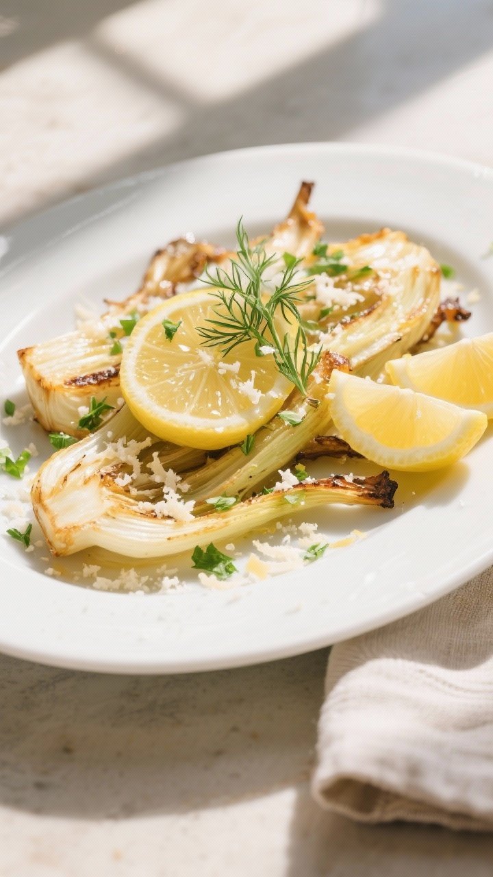 Final dish: Restaurant-quality plating of Air Fryer Roasted Fennel on a wide white ceramic plate, fi