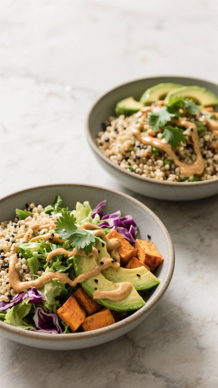 Final dish: Restaurant-quality presentation of a vibrant chopped salad and grain bowl duo drizzled w
