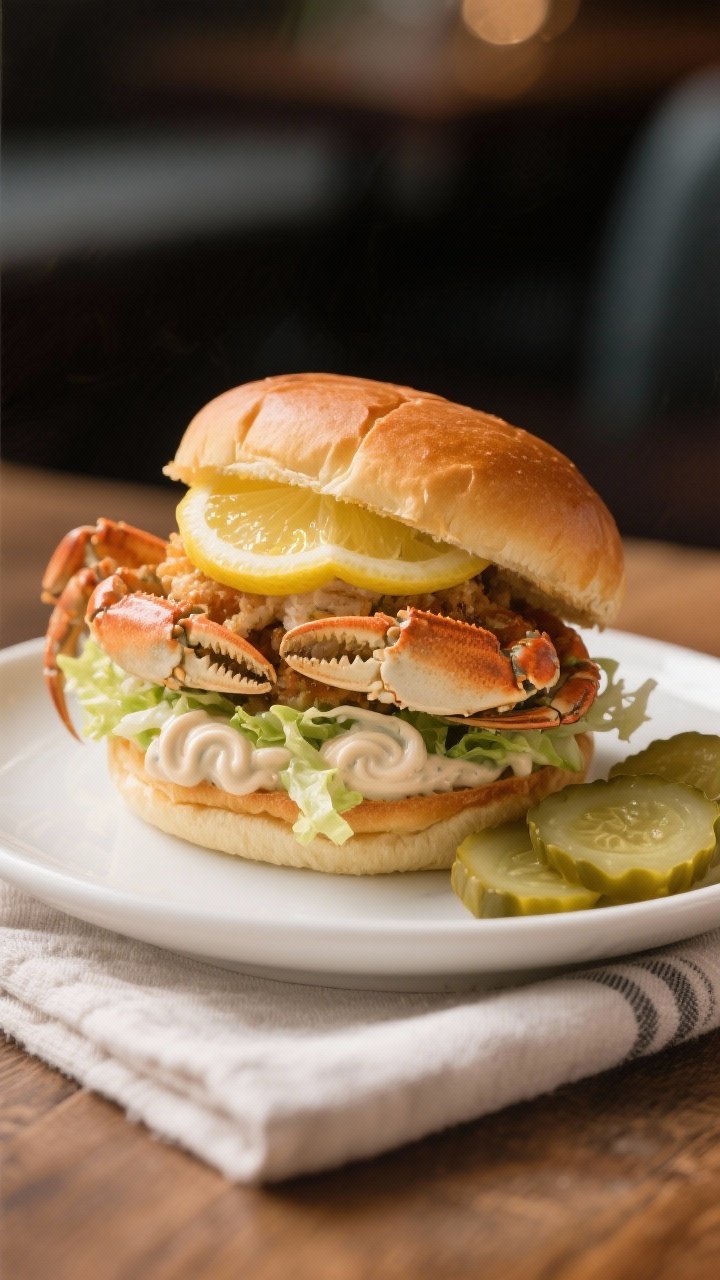 Final dish: Restaurant-quality soft shell crab sandwich on a lightly toasted brioche bun, stacked wi