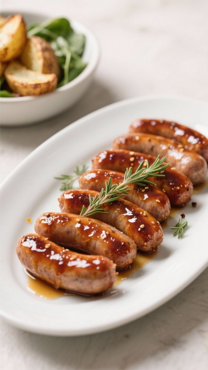 Final dish variation: Maple-glazed breakfast sausage links arranged on a matte white oval platter, g