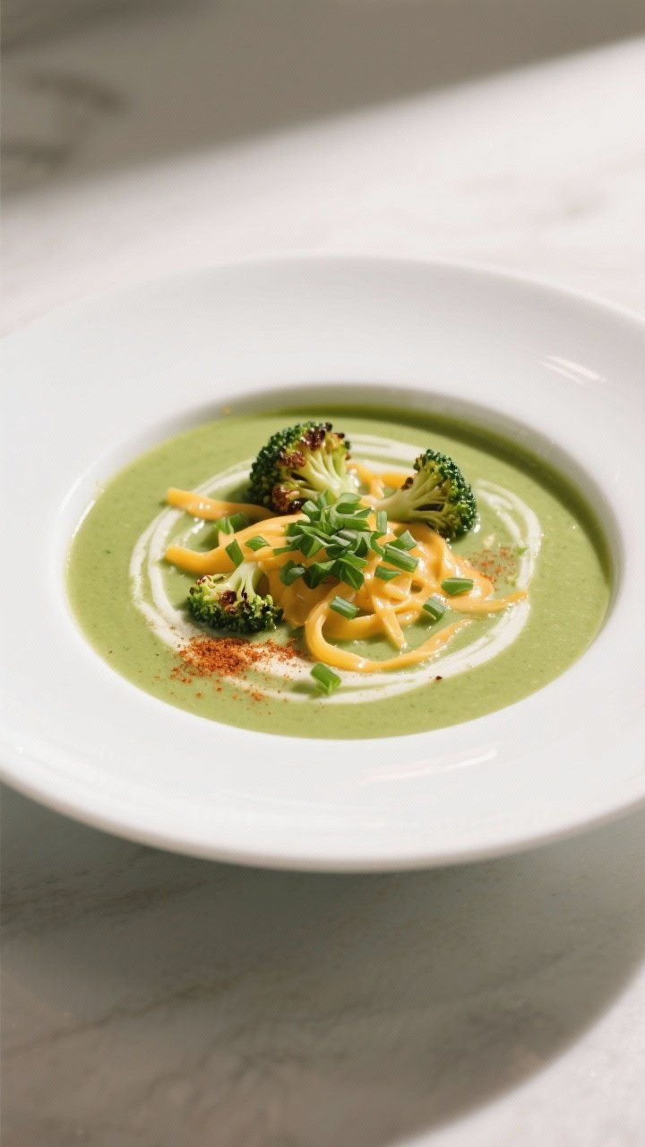 Final dish (variation): Restaurant-style presentation of Cheddar Broccoli version—smooth green sou