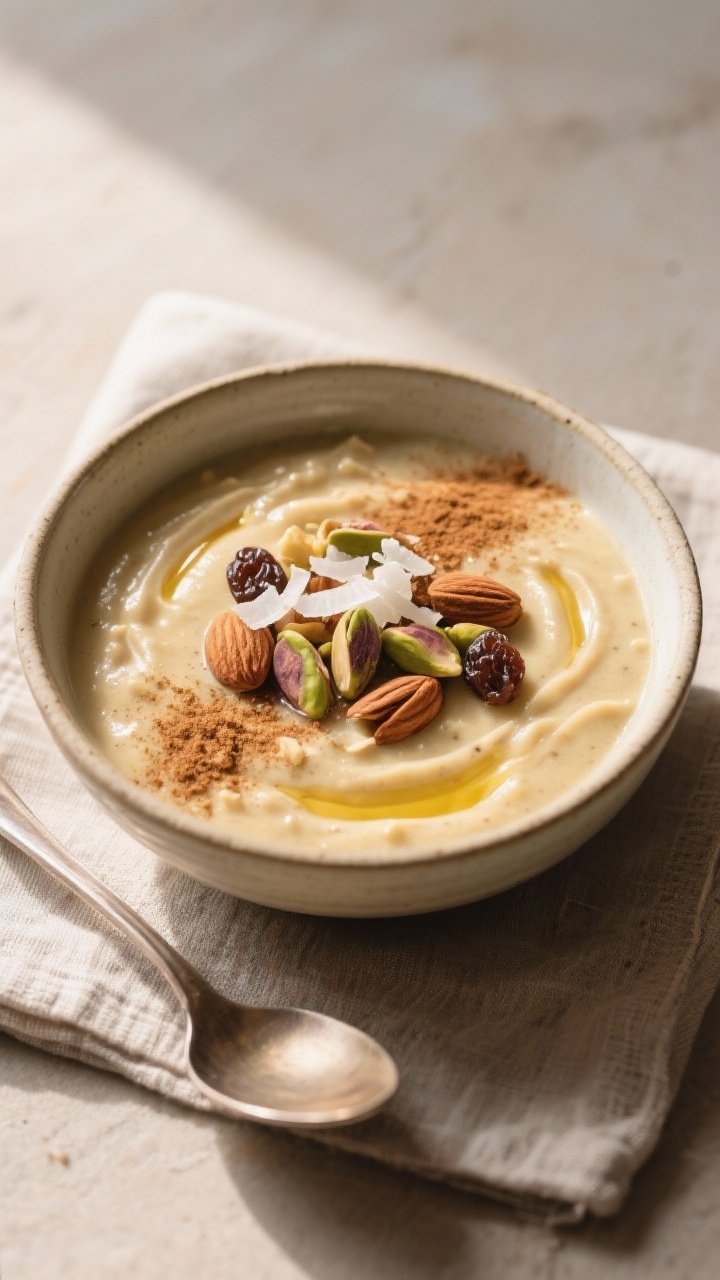 Final dish – Warm and creamy serving: Beautifully plated warm Cape Malay boeber in a shallow ceram