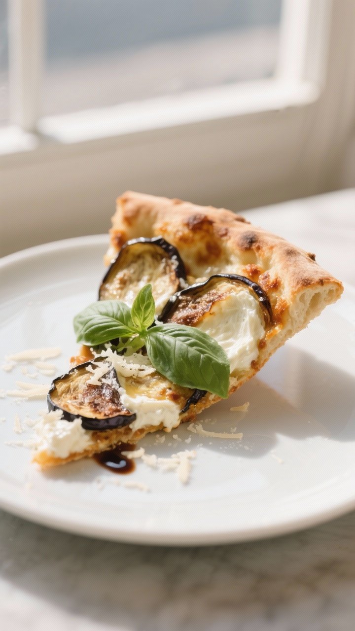 Final plated beauty: Single personal pizza slice lifted slightly on a matte white plate showing airy