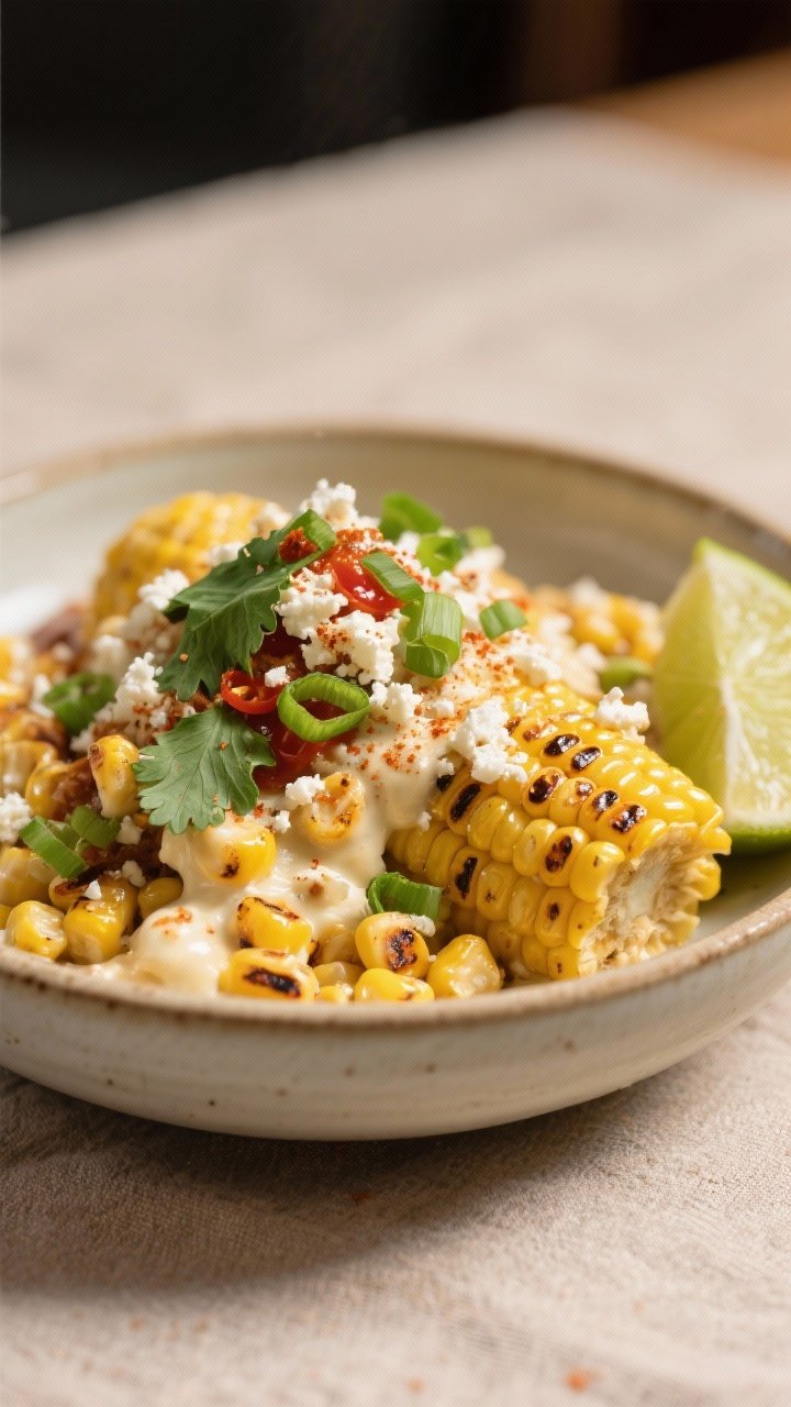 Final plated bowl of loaded corn next to air fryer chicken