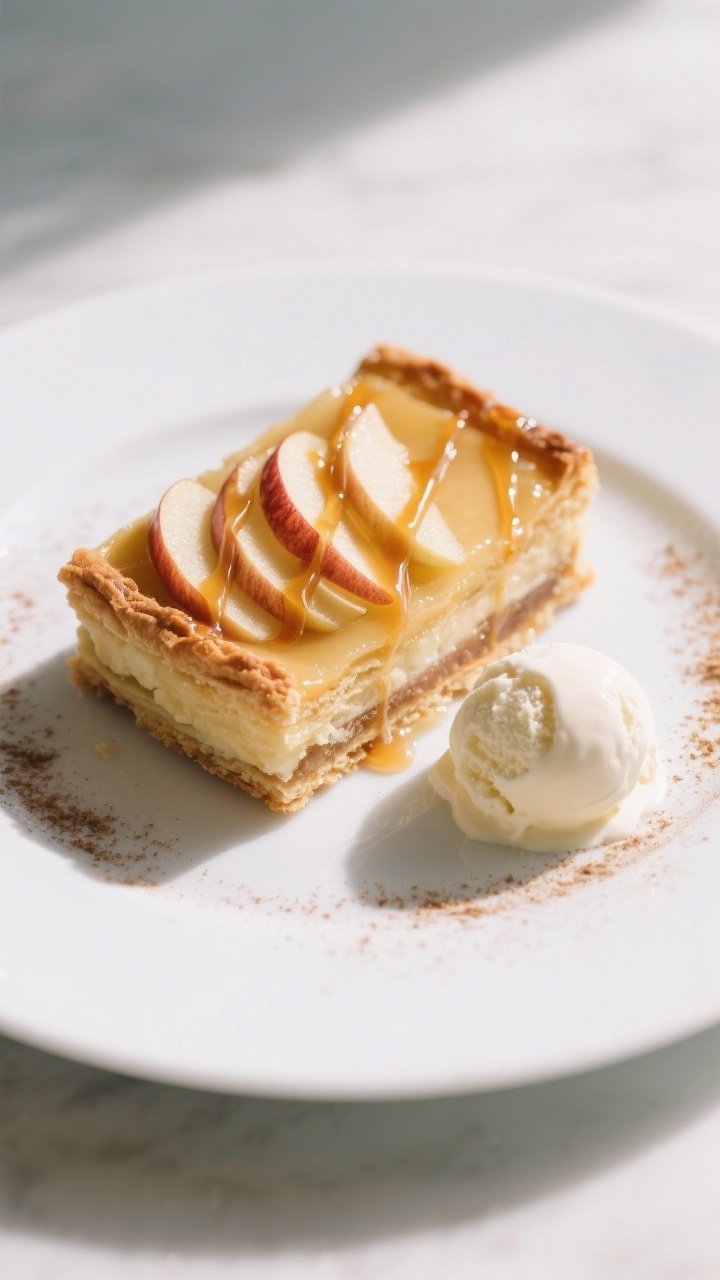 Final plated dessert: Restaurant-quality presentation of one tart square on a matte white plate with