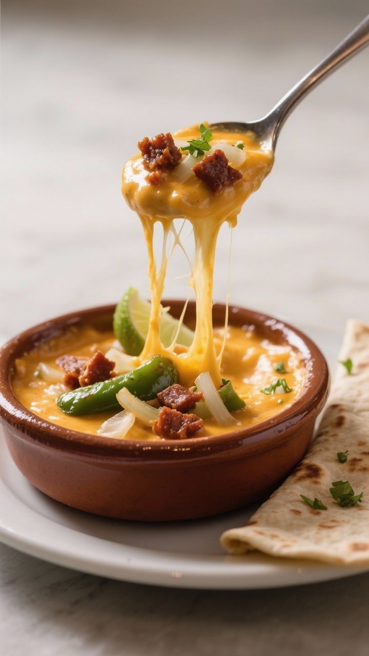 Final plated dip moment: Restaurant-quality presentation with a spoon scooping into the queso fundid