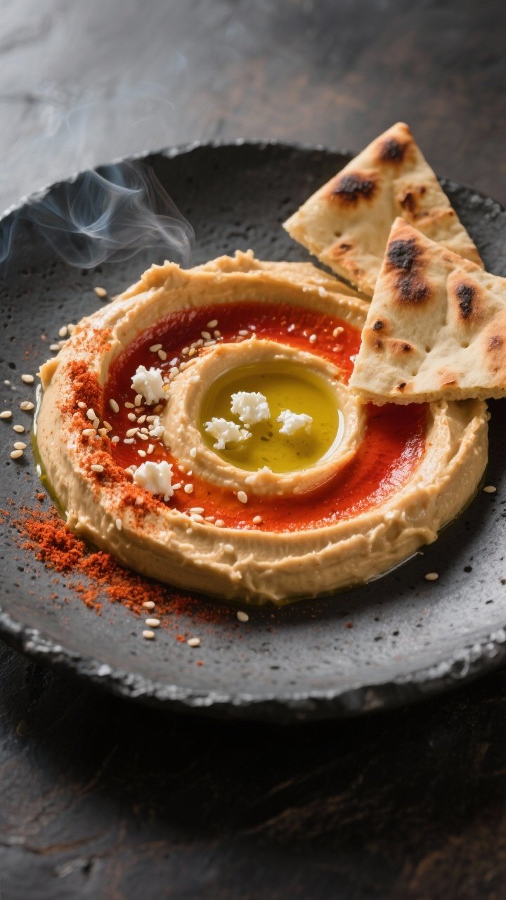 Final plated dish beauty: Restaurant-quality presentation of roasted red pepper hummus on a dark sto