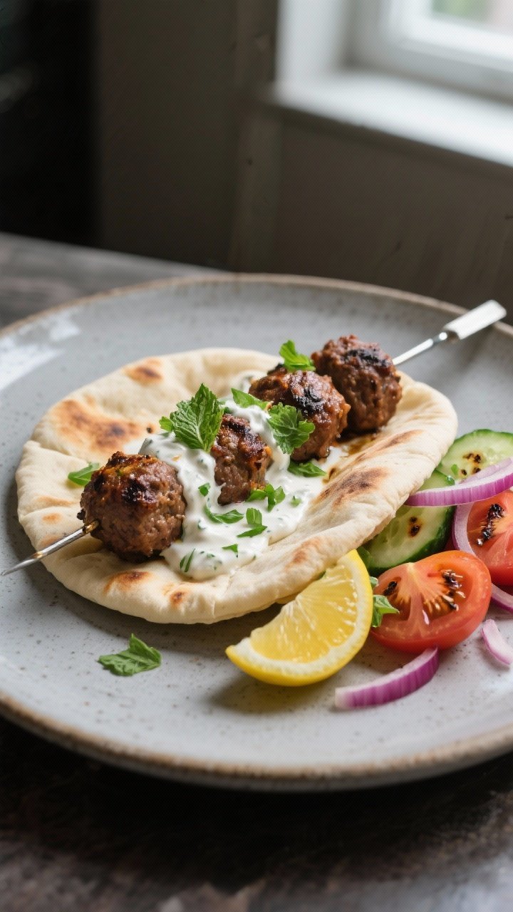 Final plated dish beauty shot: Juicy beef kofta kebabs on metal skewers, served over fluffy warm pit