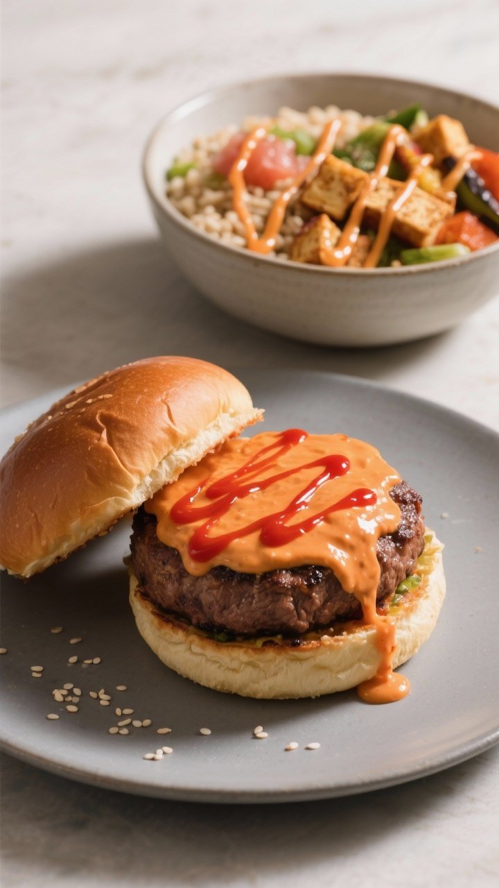 Final plated dish – burger and bowl duo: Restaurant-quality presentation showing two uses of the s