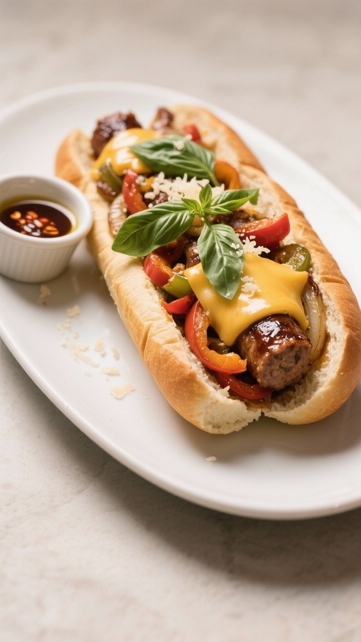 Final plated dish: Italian sausage with peppers and onions piled into toasted hoagie rolls, melted p