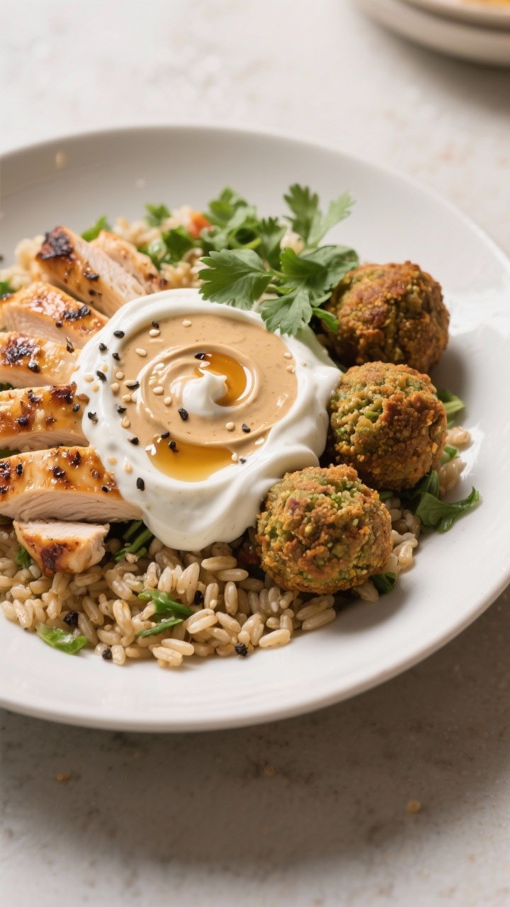 Final plated dish: Restaurant-quality plate of grain bowl topped with grilled chicken and falafel, g