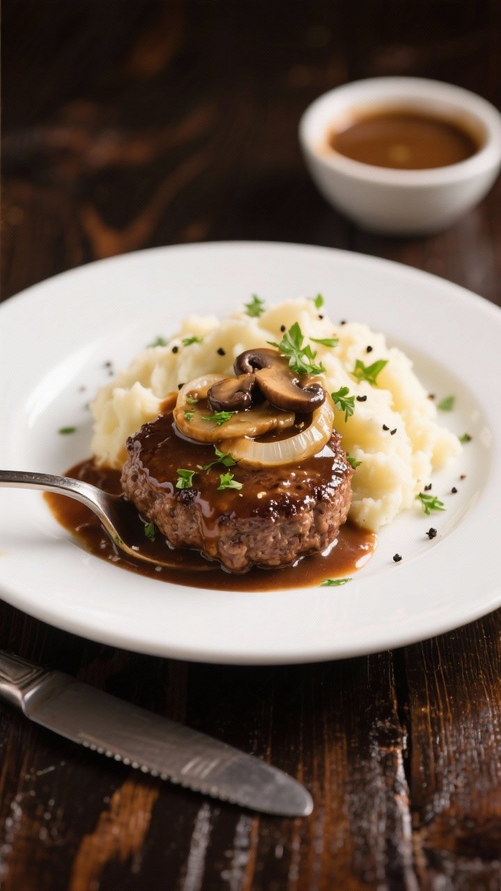 Final plated dish: Restaurant-quality plate of Salisbury steak over creamy mashed potatoes, spooned