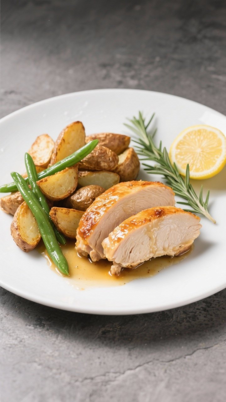 Final plated dish: Restaurant-quality plating of air fryer classic roast chicken—two slices of moi