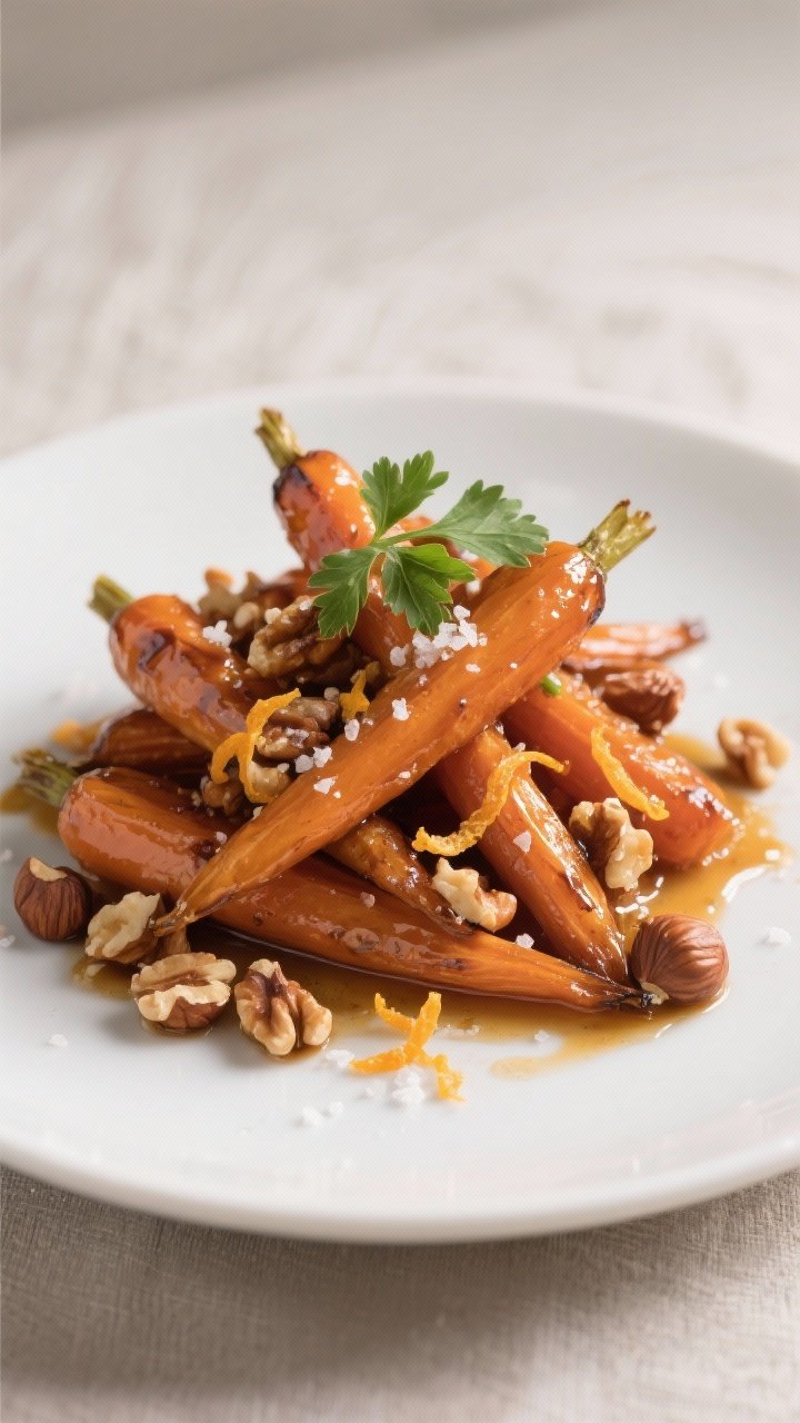 Final plated dish: Restaurant-quality presentation of sticky roasted carrots piled on a matte white