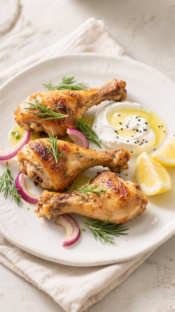 Final plated dish: Restaurant-quality presentation of Air Fryer Greek Roast Chicken leg quarters on 