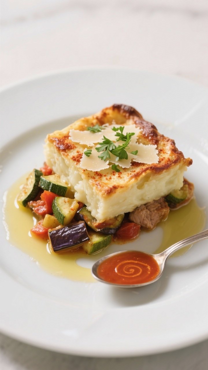 Final plated dish: Restaurant-quality presentation of a tidy square of Ratatouille Shepherd’s Pie 