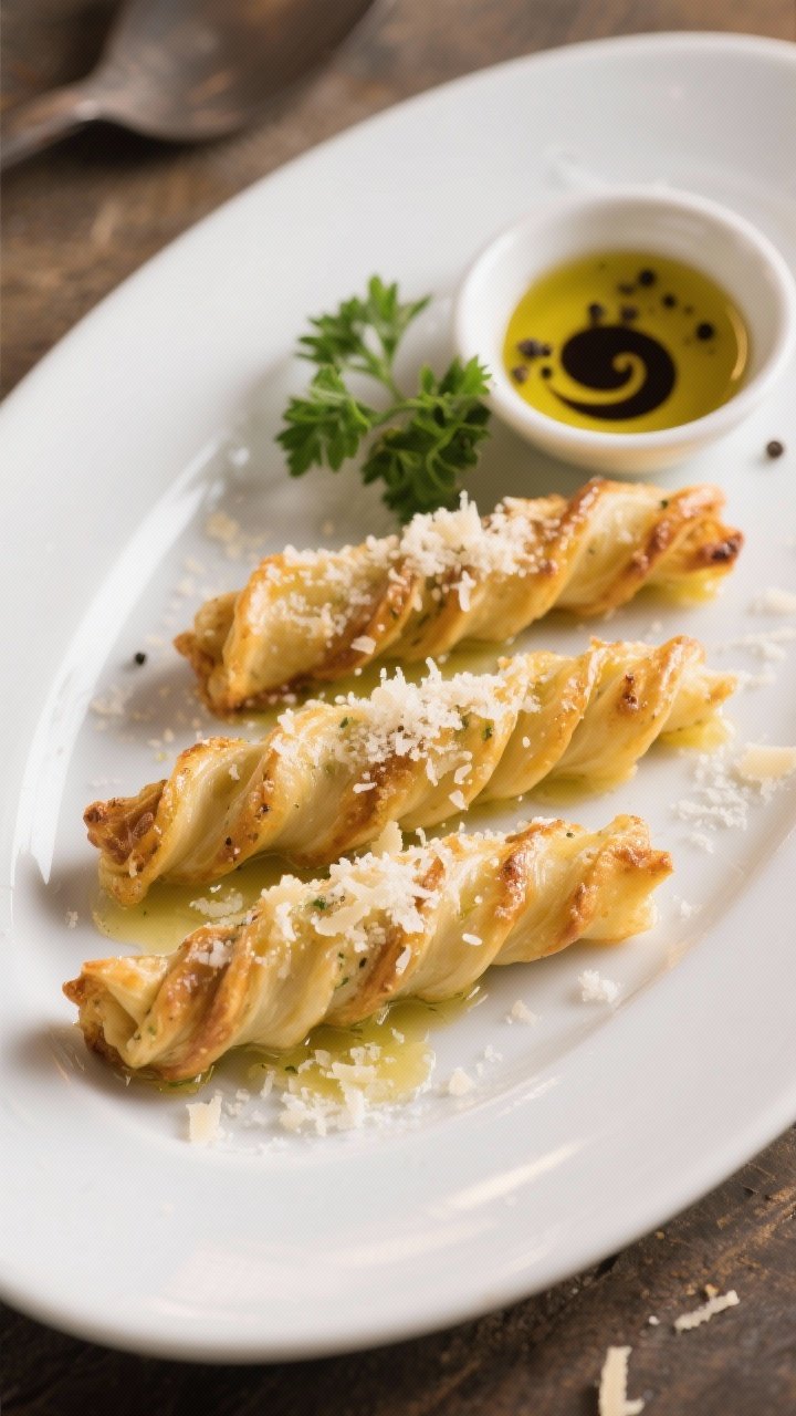 Final plated dish, restaurant-quality presentation: three perfectly twisted, deeply golden Garlic an