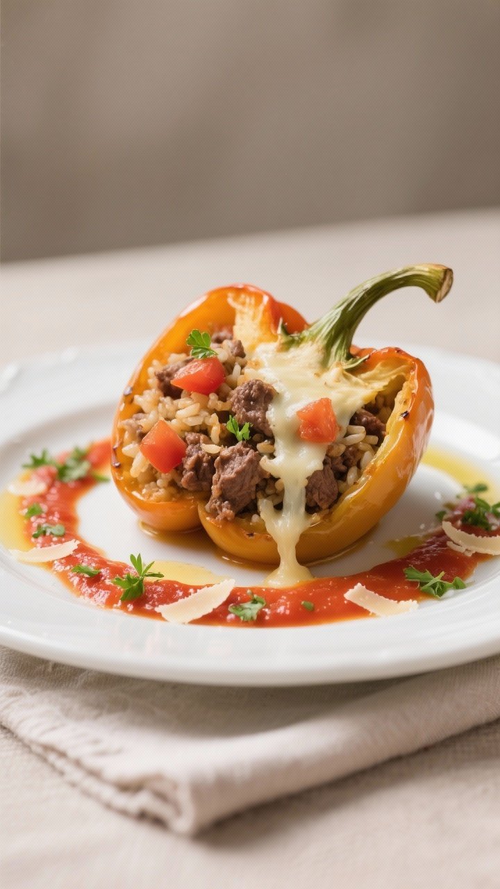 Final plated dish: Restaurant-quality presentation of a halved stuffed pepper on a white ceramic pla