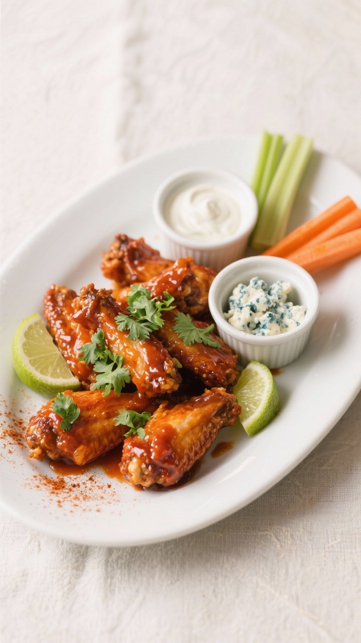Final plated dish: Restaurant-quality presentation of spicy glazed chicken wings on a white ceramic 