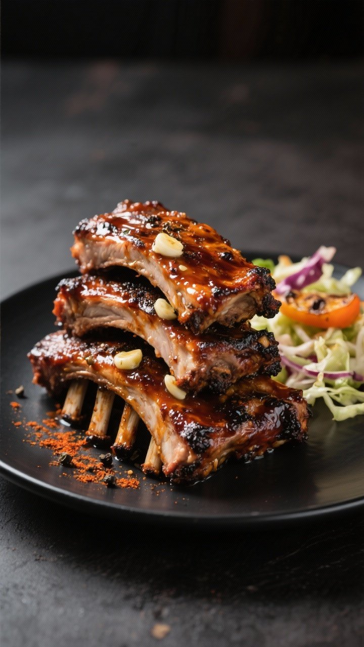 Final plated dish: Restaurant-quality presentation of air fryer ribs stacked in a short rack on a ma