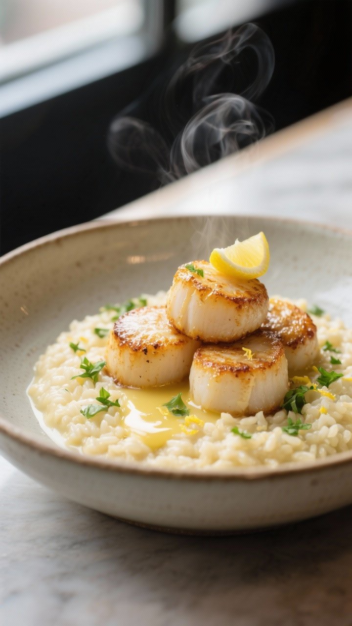 Final plated dish: Restaurant-quality presentation of air-fried scallops on creamy lemon-parsley ris