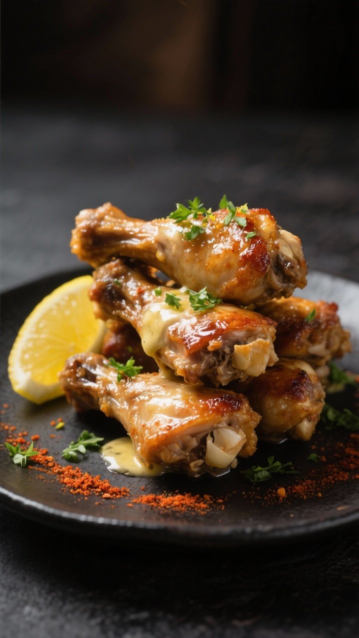 Final plated dish: Restaurant-quality presentation of 4–5 drumettes stacked on a dark ceramic plat