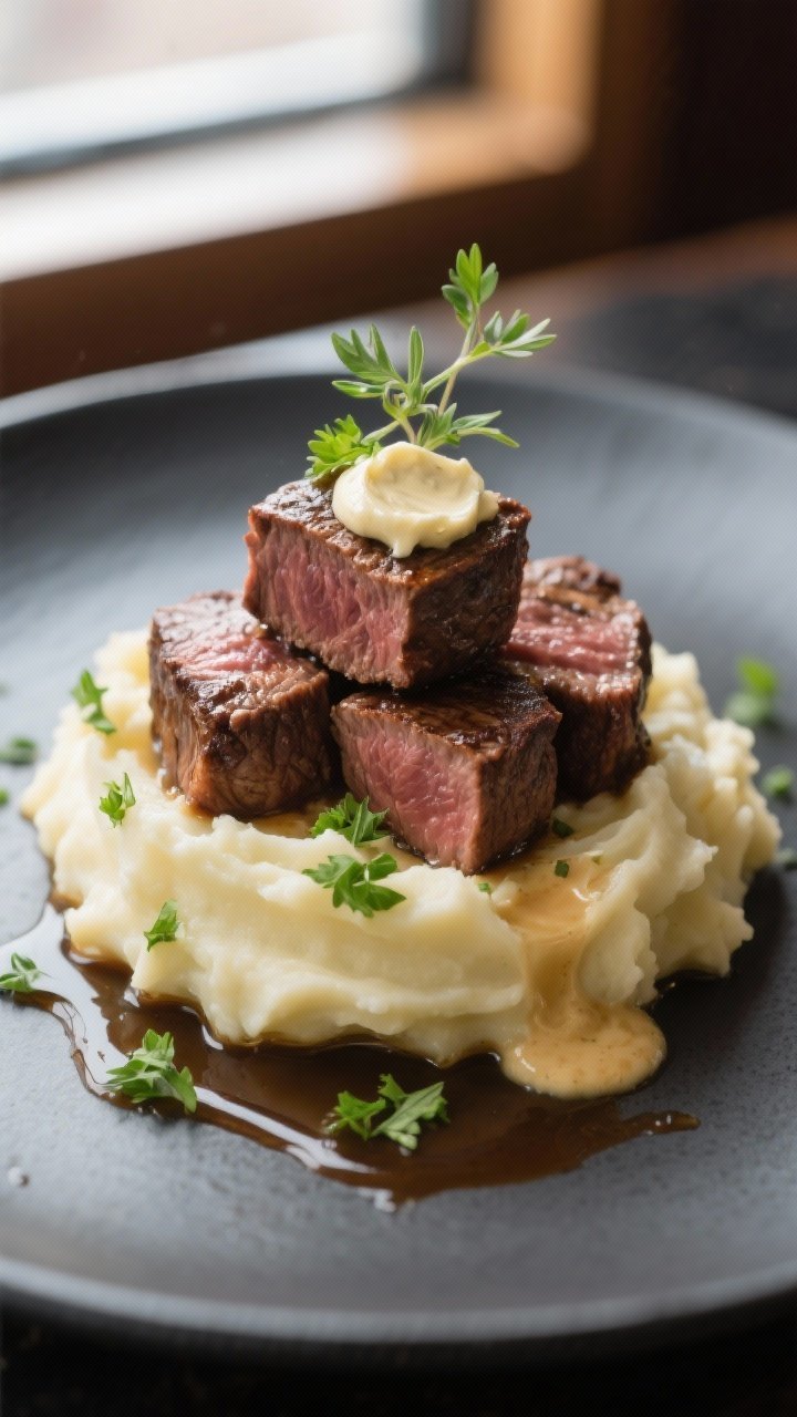 Final plated dish: Restaurant-quality presentation of steak bites stacked over creamy mashed potatoe