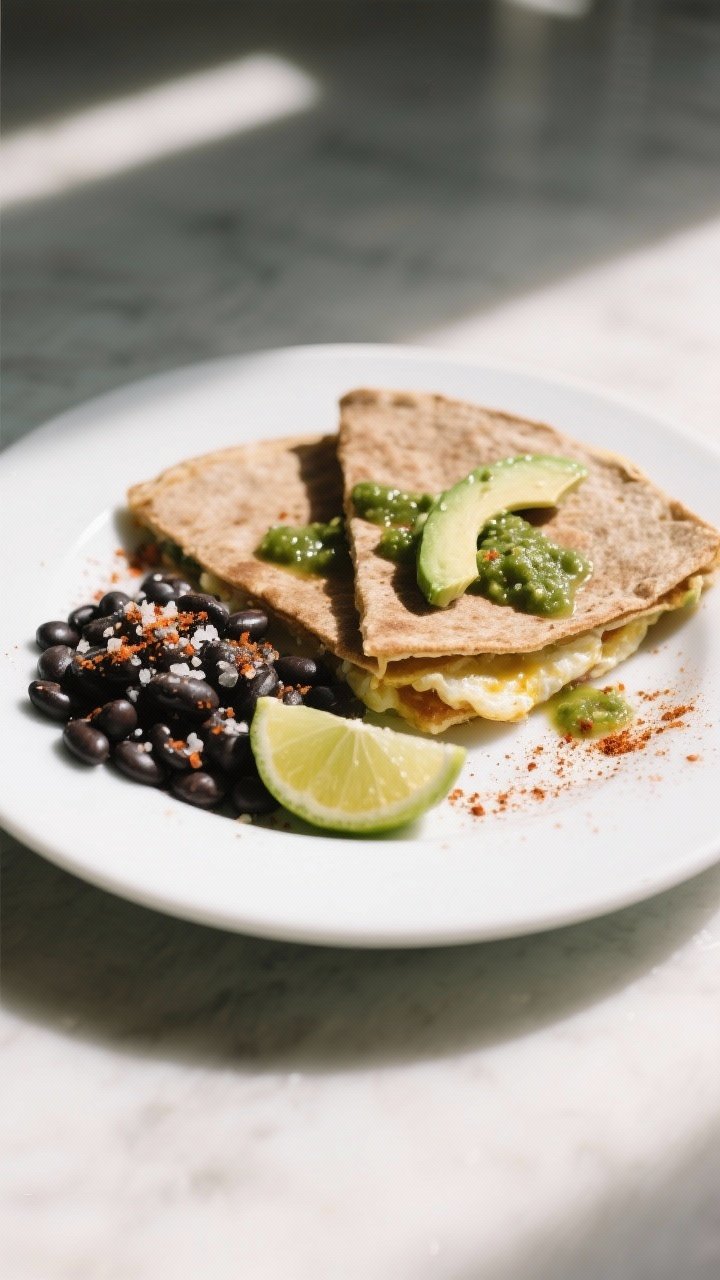 Final plated dish: Restaurant-quality presentation of a breakfast quesadilla on a white ceramic plat