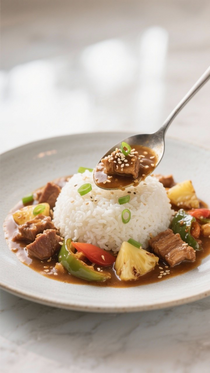 Final plated dish: Restaurant-quality presentation of the stew spooned over a neat mound of jasmine 