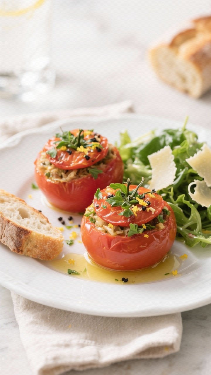 Final plated dish: Restaurant-quality presentation of two air fryer stuffed tomatoes on a white cera