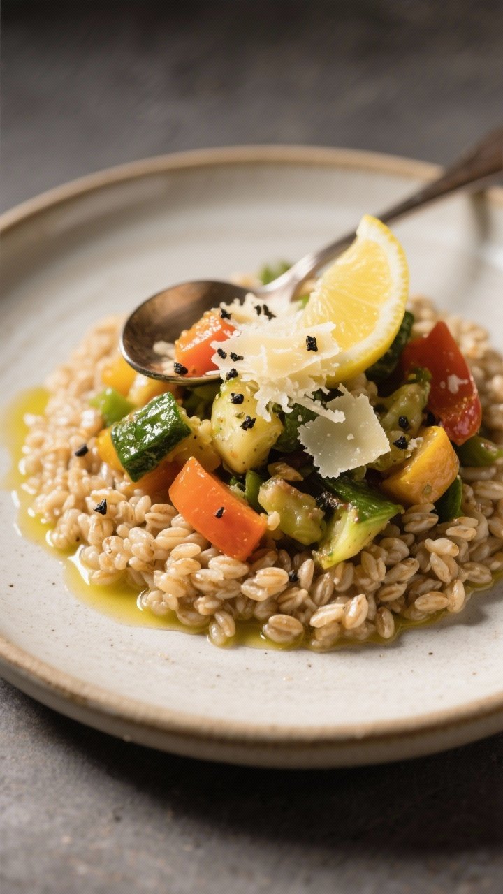 Final plated dish: Restaurant-quality presentation of the medley spooned over warm farro on a shallo