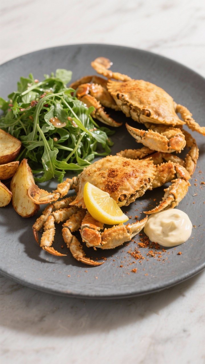 Final plated dish: Restaurant-quality presentation of two air-fried soft shell crabs on a slate-gray