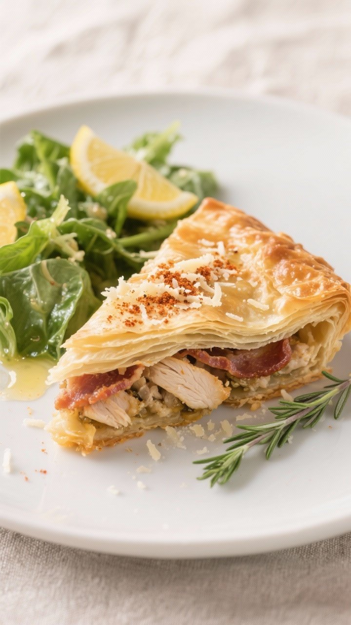 Final plated dish: Restaurant-quality presentation of a warm wedge of Air Fryer Bacon and Chicken Ph