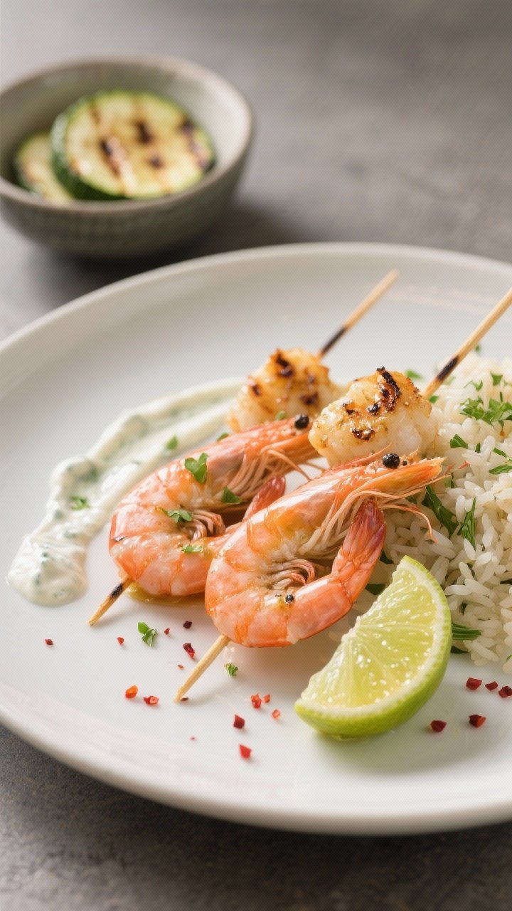Final plated dish: Restaurant-quality presentation of two prawn skewers on a matte white plate, sauc