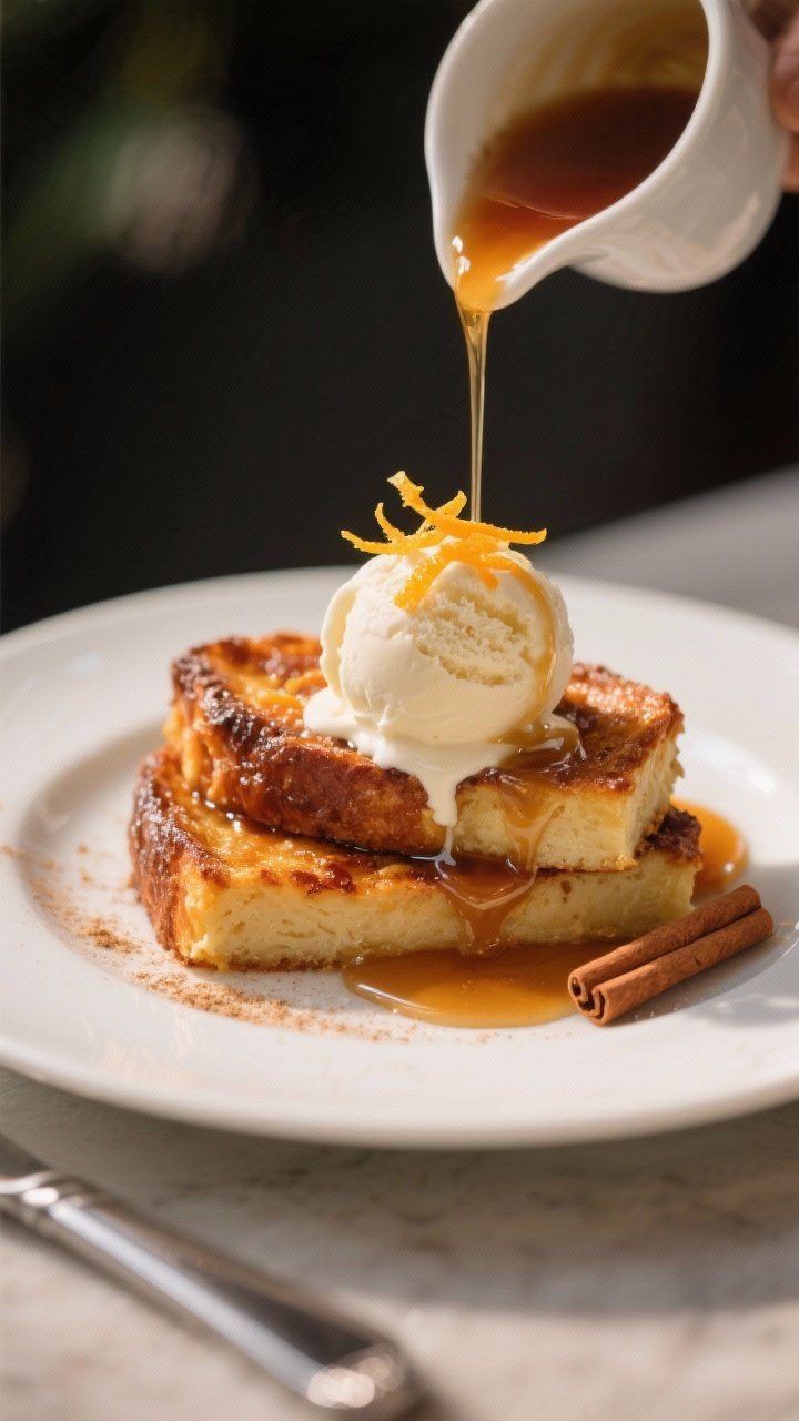 Final plated dish: Restaurant-quality presentation of two warm slices stacked slightly offset, syrup