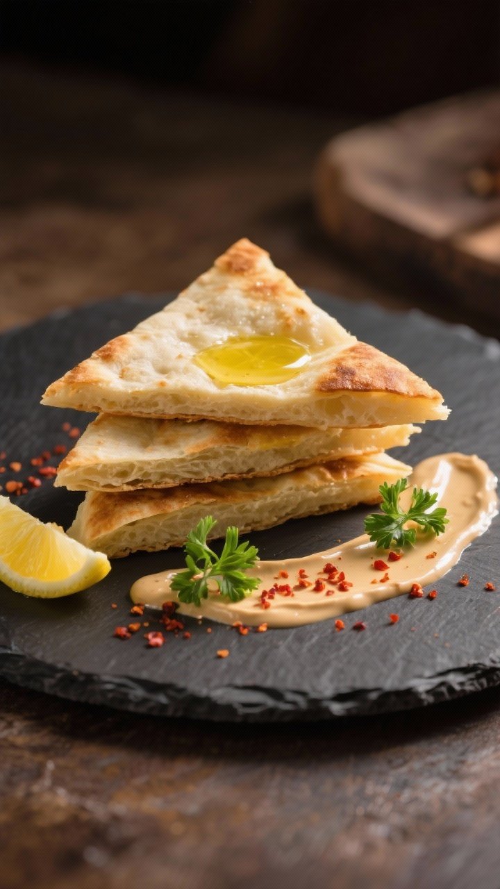 Final plated dish: Restaurant-quality presentation of 3 triangles stacked with height on a dark slat