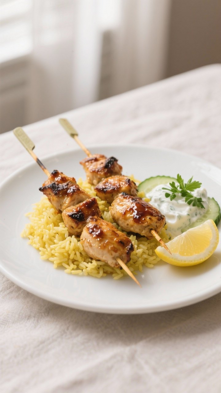 Final plated dish: Restaurant-quality presentation of two sosatie skewers over fluffy yellow rice wi