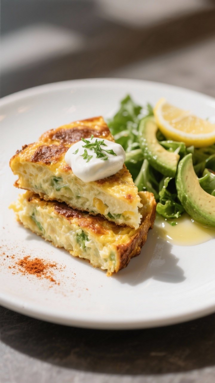 Final plated dish: Restaurant-quality presentation of two warm frittata wedges stacked slightly offs