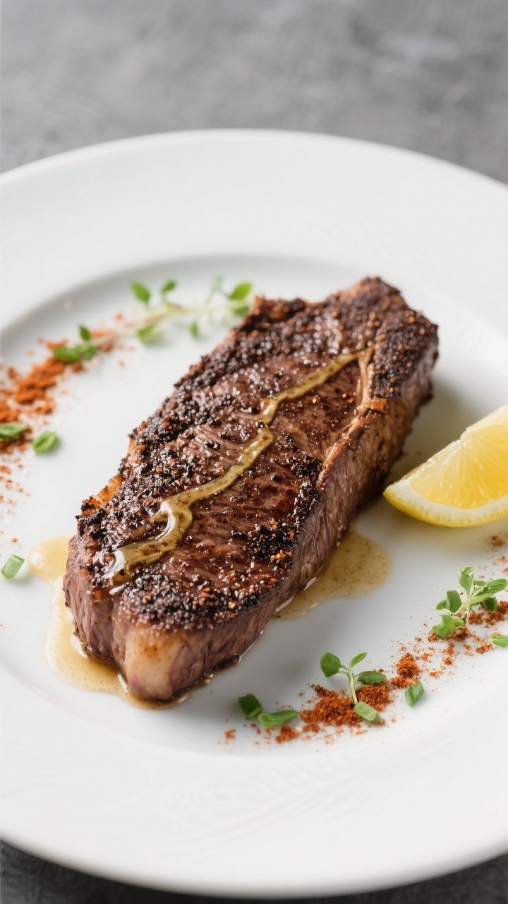 Final plated dish: Restaurant-style presentation of coffee-rubbed steak plated whole on a white cera