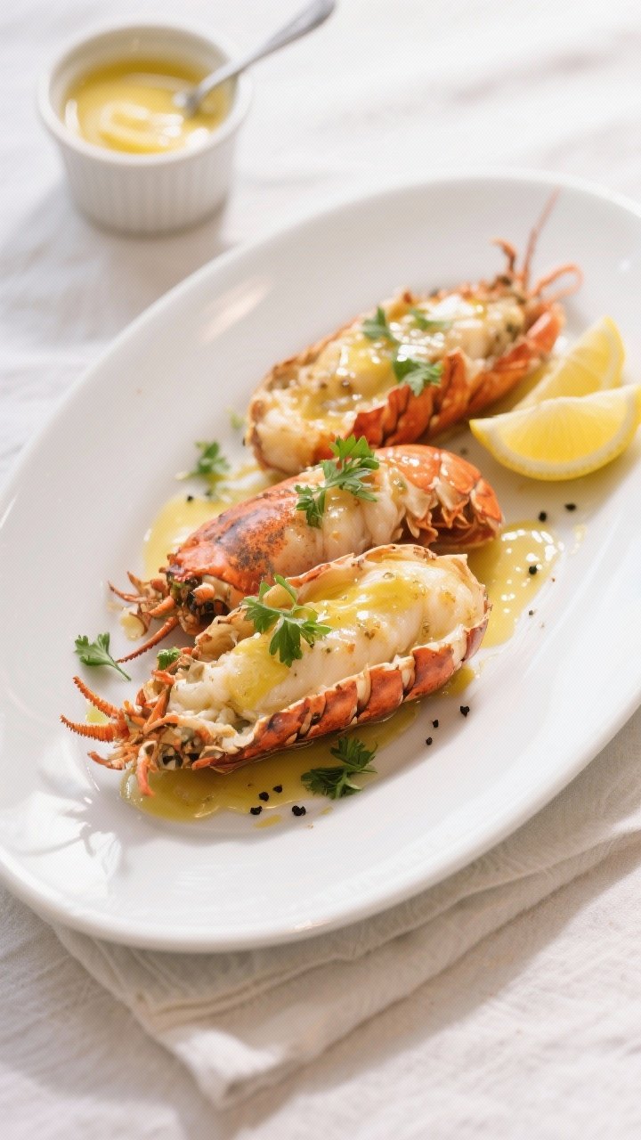 Final plated elegance: Restaurant-quality presentation of air fryer lobster tails on a white oval pl
