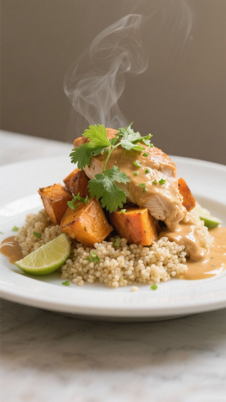 Final plated hero: Restaurant-quality presentation of chicken and sweet potatoes atop couscous, nape