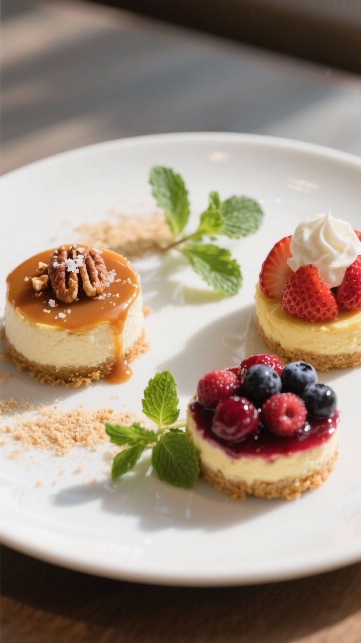 Final plated presentation: beautifully plated mini cheesecakes on a matte white dessert plate—one 