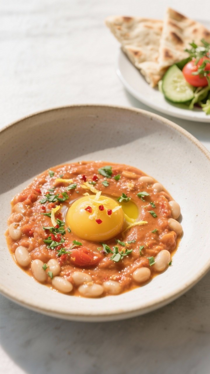 Final plated presentation: Restaurant-quality plating of a single serving in a wide, shallow bowl—