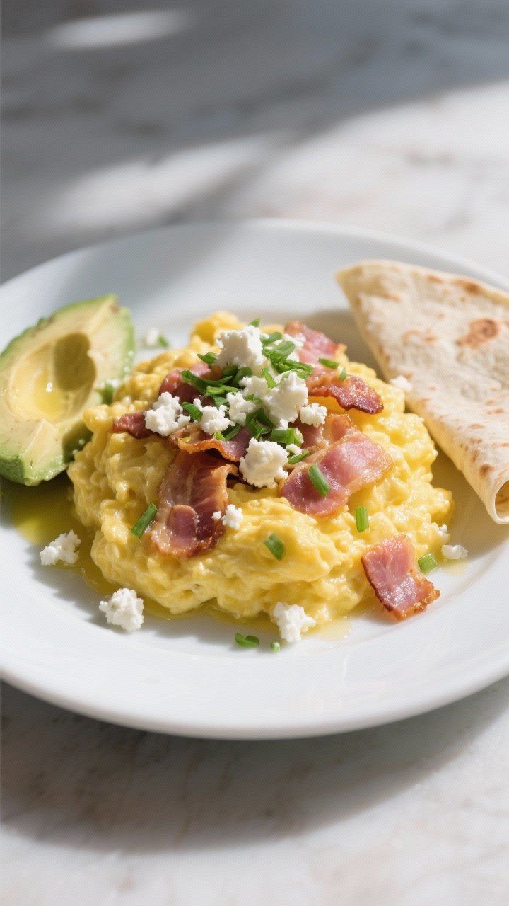 Final plated presentation: Restaurant-quality plate of air fryer scrambled eggs with bacon and feta,