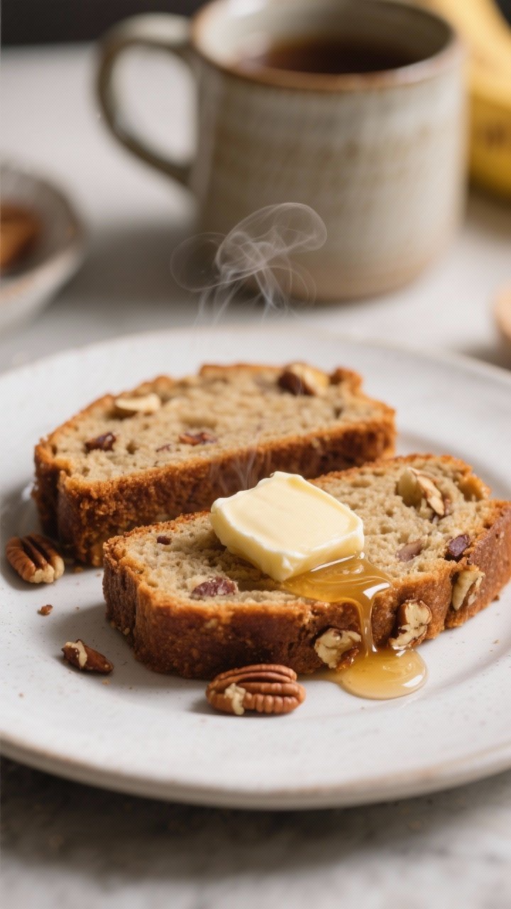 Final plated presentation: Two thick slices of air fryer banana bread on a matte white plate, lightl
