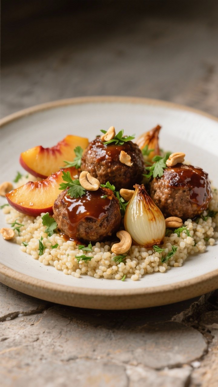 Final plated restaurant presentation: Chutney meatballs with peaches and roasted baby onions plated