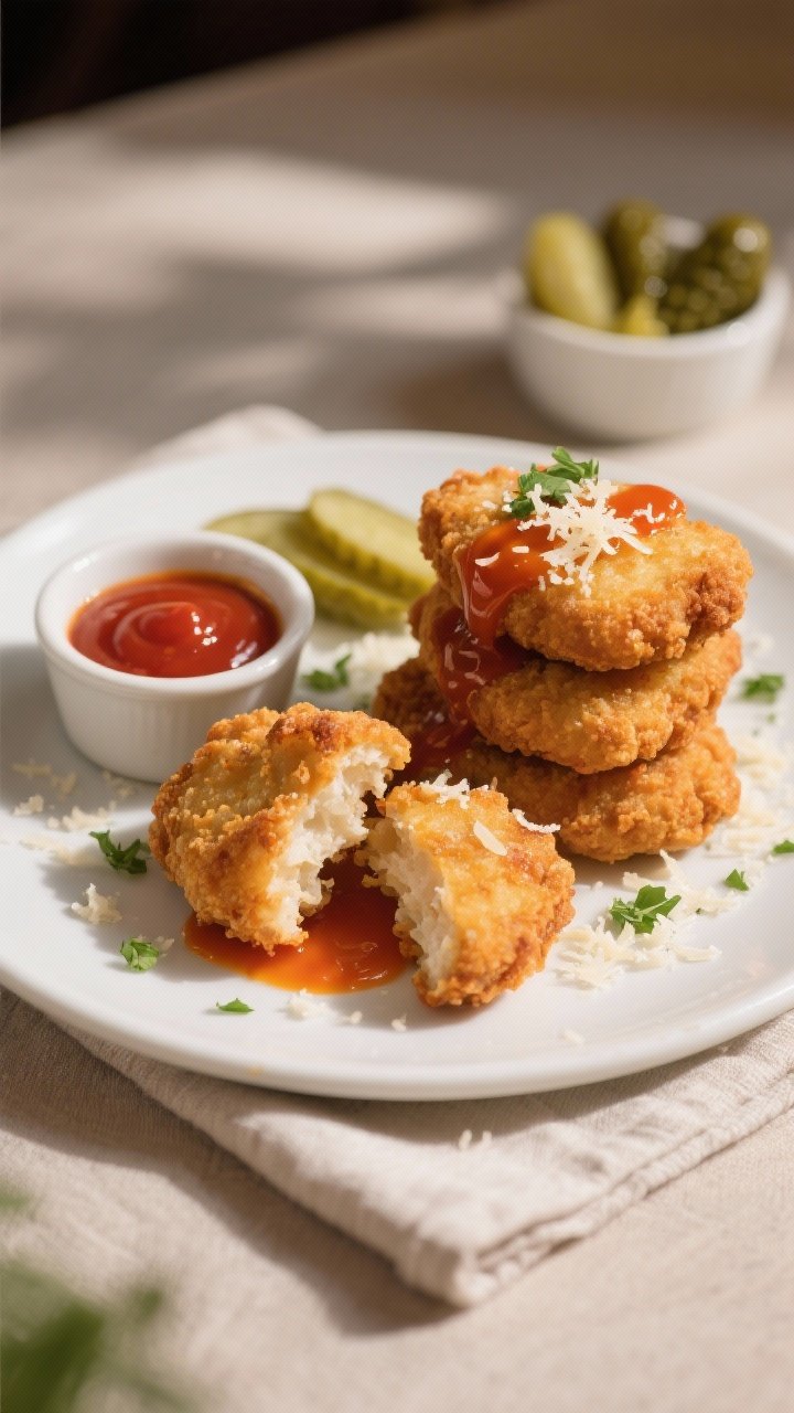 Final plated restaurant-quality presentation: chicken nuggets stacked on a white ceramic plate with 